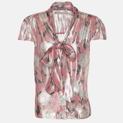 Alice And Olivia Metallic Pink Flora Print Lurex Knit Neck Tie Top