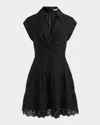 Alice And Olivia Mila Eyelet Deep V Twist-front Mini Dress In Black