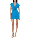 Alice And Olivia Mila V Neck Tie Fit Tiered Linen-blend Mini Dress In Blue