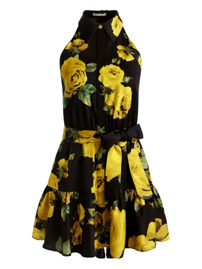 Alice And Olivia Miranda Floral-print Crepe Mini Dress In Black