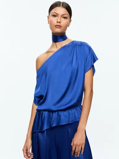 Alice And Olivia Mitsuko Draped One Shoulder Asymmetric Blouse With Scarf In Blue