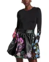 Alice And Olivia Chara Crew Neck Bubble Mini Dress With Thumbholes In The Wind Floral In Black Floral
