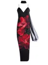 Alice And Olivia Monika Cut Away Cami Maxi Dress With Scarf In Peony Petals Bright Ruby