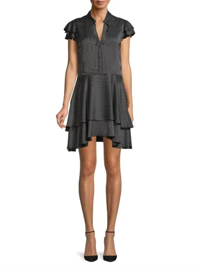 Alice And Olivia Moore Pinstripe Ruffle Shirtdress In Black White In Multi