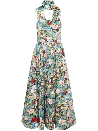 Alice And Olivia Multicolor A-line Floral Maxi Dress With Pleat Detailing And Attached Scarf