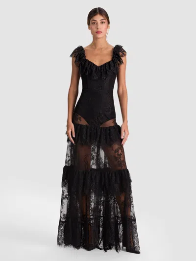 Alice And Olivia Myrna Lace Tiered Gown In Black