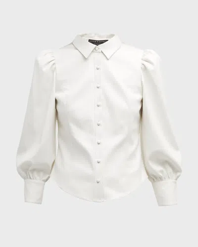 Alice And Olivia Nadine Puff-sleeve Vegan Leather Blouse In White