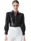 Alice And Olivia Nadine Puff-sleeve Vegan Leather Blouse In Black
