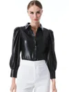 Alice And Olivia Nadine Puff-sleeve Vegan Leather Blouse In Black