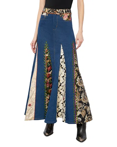 Alice And Olivia Nala Mixed Media Maxi Skirt In Lola Blue/multi