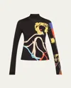 Alice And Olivia Alice + Olivia X Tom Wesselmann Delaina Print Turtleneck Top In Natural Beauty