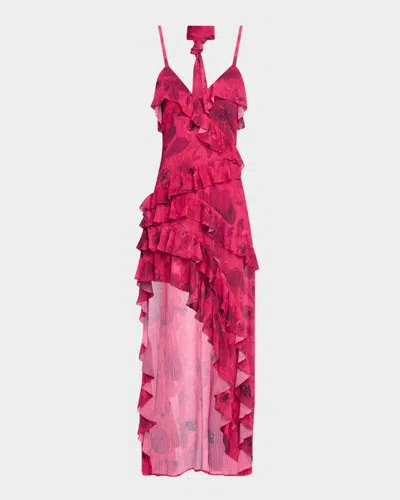 Alice And Olivia Nelia High-low Ruffle Wrap Maxi Dress With Detachable Scarf In Red