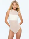 Alice And Olivia Nichol High Neck Sleeveless Mesh Bodysuit In Off White