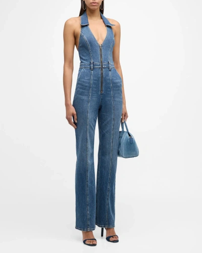 Alice And Olivia Noemi Backless Halter Denim Jumpsuit In True Blues Dark