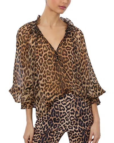 Alice And Olivia Norah Ruffled Leopard-print Silk-chiffon Blouse In Brown