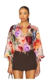 Alice And Olivia Norah Peasant Blouse Storm Floral Sm In Gray
