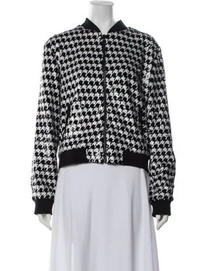 Pre-owned Alice + Olivia Nylon Houndstooth Print Bomber Jacket In Black