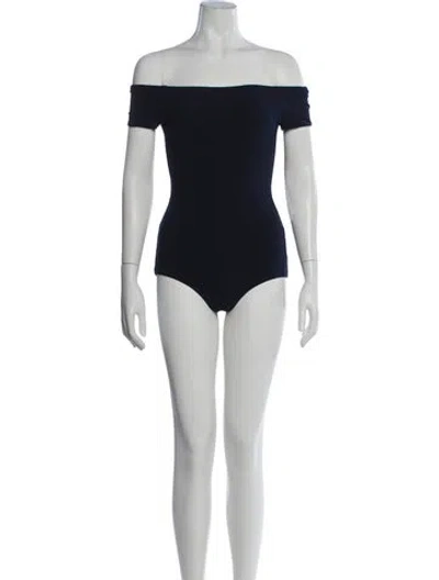 Pre-owned Alice And Olivia Off-the-shoulder Short Sleeve Bodysuit In Blue