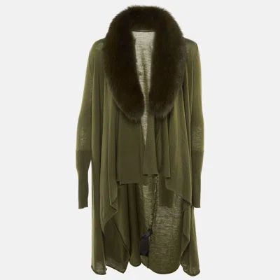 Pre-owned Alice And Olivia Olive Green Wool Detachable Fur Open Front Cardigan Xs