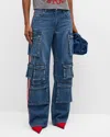 Alice And Olivia Olympia Mid-rise Baggy Cargo Jeans With Side Stripes In Avery Blue/bright Ru