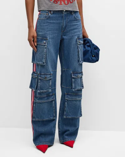Alice And Olivia Olympia Mid-rise Baggy Cargo Jeans With Side Stripes In Blue Denim