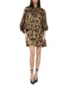 Alice And Olivia Opal Tie Neck Poet Sleeve Silk-blend Tunic Dress In Brown
