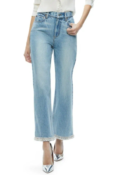 Alice And Olivia Ora Imitation Pearl & Crystal Detail Wide Leg Ankle Jeans In Blue