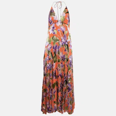 Pre-owned Alice And Olivia Orange Floral Print Chiffon Halter Neck Maxi Dress M