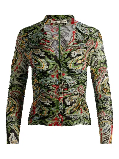 Alice And Olivia Portia Paisley Ruched Mesh Top In Green