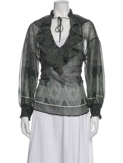Pre-owned Alice And Olivia Paisley Print Tie Neck Blouse In Green