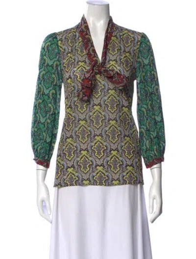 Pre-owned Alice And Olivia Paisley Print Tie Neck Blouse In Green