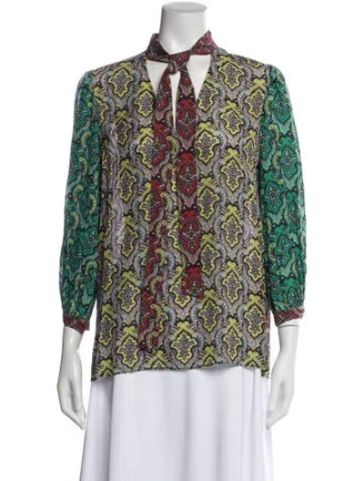 Pre-owned Alice And Olivia Paisley Print Tie Neck Blouse W/ Tags In Green