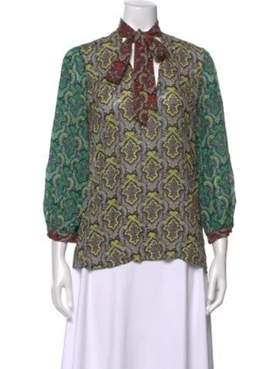 Pre-owned Alice And Olivia Paisley Print Tie Neck Blouse In Yellow