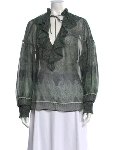 Pre-owned Alice And Olivia Paisley Print V-neck Blouse In Green
