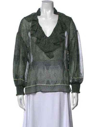 Pre-owned Alice And Olivia Paisley Print V-neck Blouse In Green