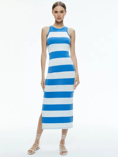 Alice And Olivia Pania Racerback Side Slit Midi Dress In French Blue/off White