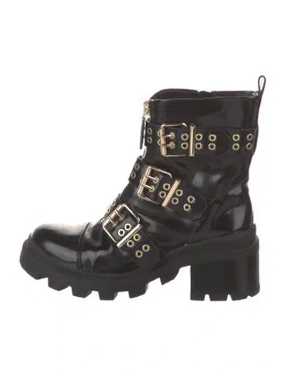 Pre-owned Alice And Olivia Patent Leather Eyelet Trim Combat Boots In Black