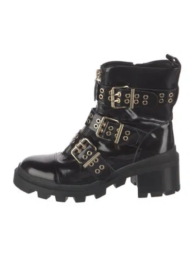 Pre-owned Alice And Olivia Patent Leather Eyelet Trim Combat Boots In Black/gold