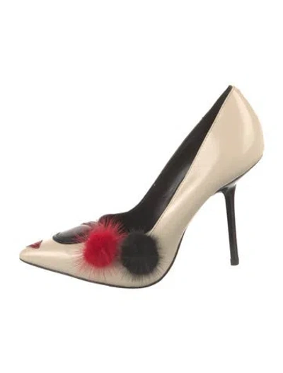 Pre-owned Alice And Olivia Patent Leather Fur Trim Pumps In Neutral