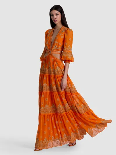 Alice And Olivia Patrica Embellished Ruffle Maxi Dress In Orange