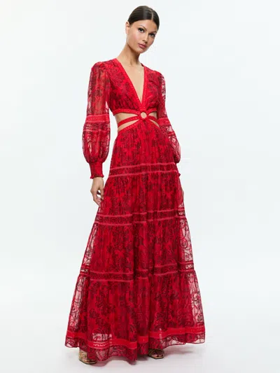 Alice And Olivia Patrica Tiered Ruffle Maxi Dress In Red | ModeSens