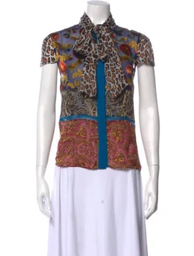 Pre-owned Alice And Olivia Patterned Tie Neck Blouse In Blue