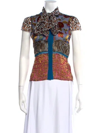 Pre-owned Alice And Olivia Patterned Tie Neck Blouse In Blue