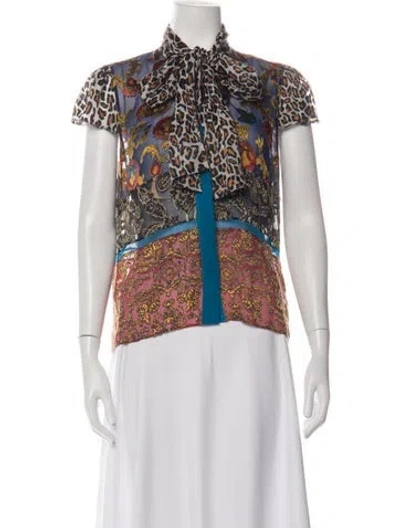 Pre-owned Alice And Olivia Patterned Tie Neck Blouse In Blue