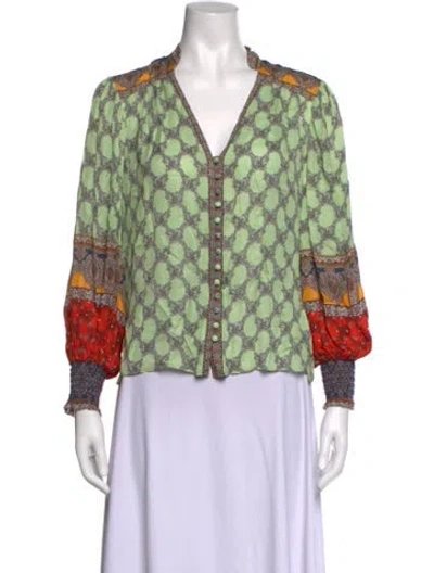 Pre-owned Alice And Olivia Patterned V-neck Blouse In Green