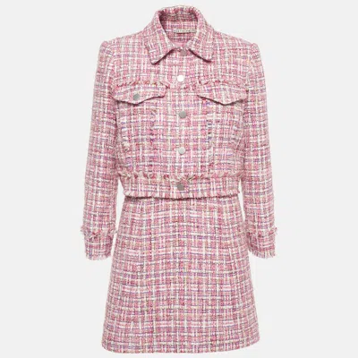 Pre-owned Alice And Olivia Pink Tweed Carli Spaghetti Strappy Dress And Cropped Jacket Suit S/m
