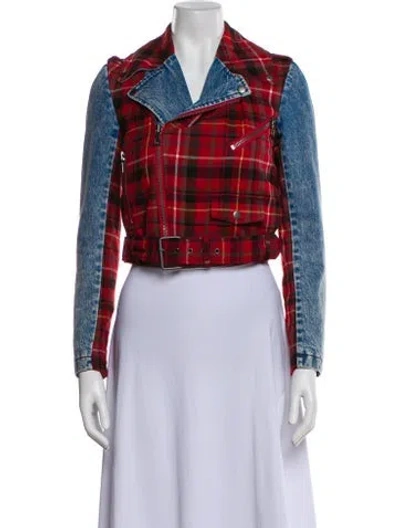 Pre-owned Alice And Olivia Plaid Print Biker Jacket In Red