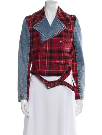 Pre-owned Alice And Olivia Plaid Print Biker Jacket In Red