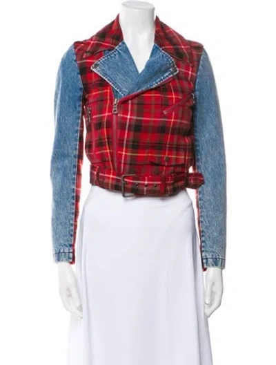 Pre-owned Alice And Olivia Plaid Print Denim Jacket W/ Tags In Blue