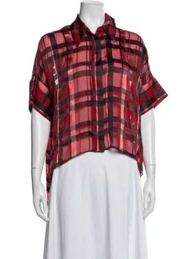 Pre-owned Alice And Olivia Plaid Print Short Sleeve Blouse In Red